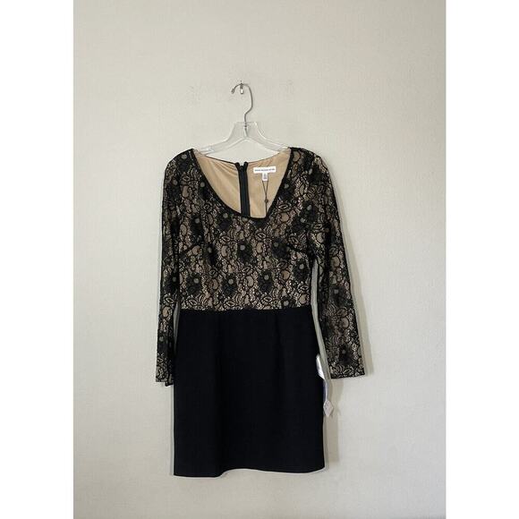 NEW Dress The Population Medium Black Nude Lace Mini Dress Long Sleeve Glam NWT - Picture 1 of 7